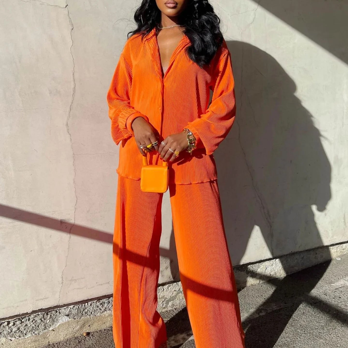 Pleated Solid Women Set Long Sleeve Shirts and Straight Wide Leg Pants Suits Tracksuit Two Piece Set Fitness Outfits Orange
