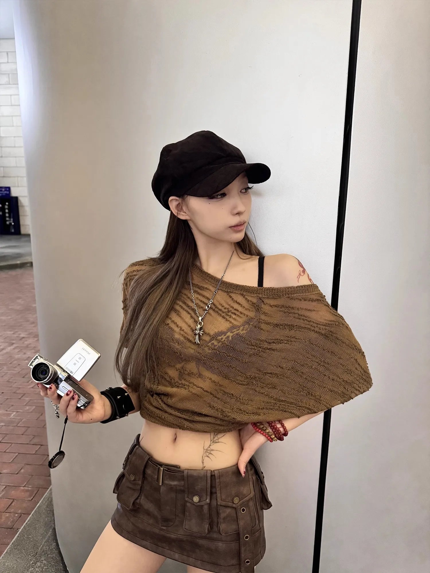 Lautaro Spring Summer Cool Sexy Vintage Distressed Brown Pu Leather Mini Skirt Women Three-dimensional pockets Belt Streetwear