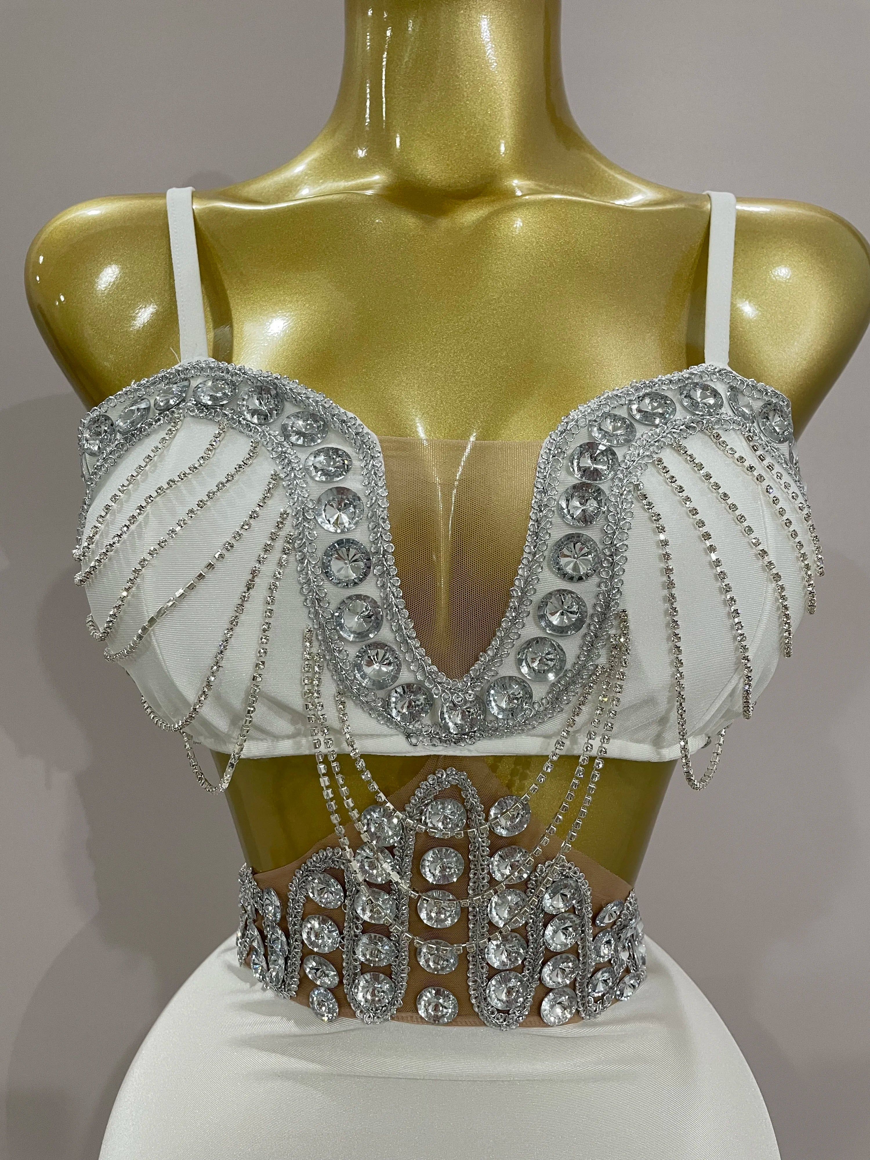 STOCK Luxury Shiny Diamond Chain White Sexy Sleeveless Bodycon Mini Dress 2025New Evening Birthday Party Nightclub Stage Costume