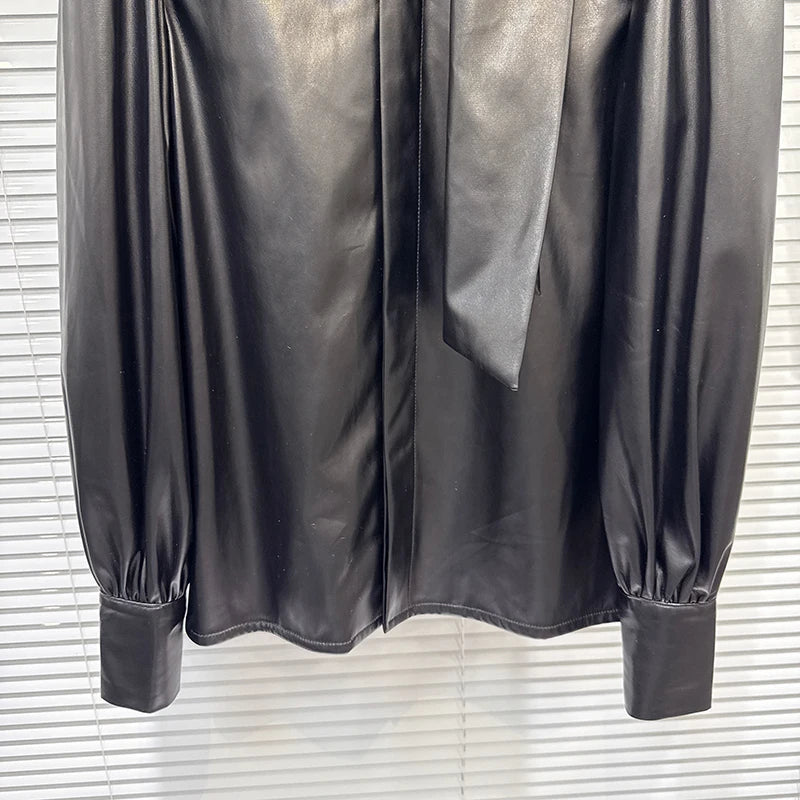 Winter New Fashion Street Style Tie Scarf Bow PU Leather Shirt For Women Loose Black Blouse Female Trend 11A07665