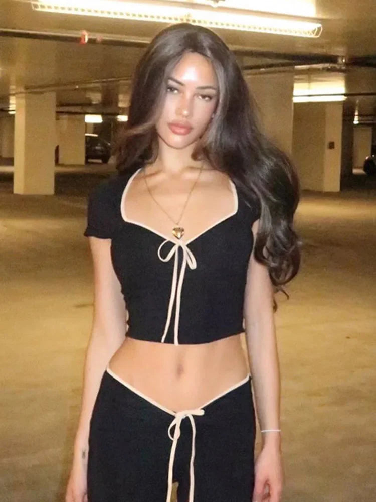 Y2k Summer Crop Top Bow Baby Tees Womens Clothes Chic Cute Low Cut Short Sleeve T Shirts Black