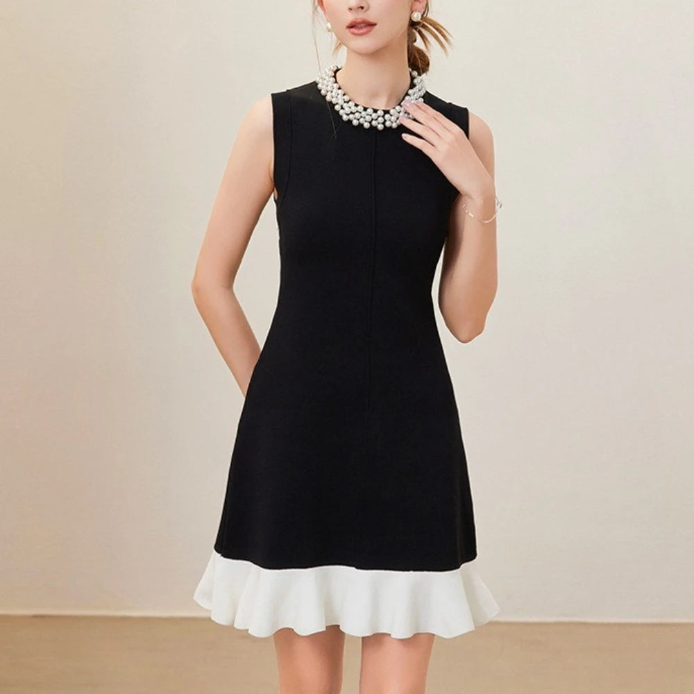 Hit Color Slimming Spliced Bead Elegant Mini Dresses for Women Round Neck Sleeveless Patchwork Ruffles Dress Female