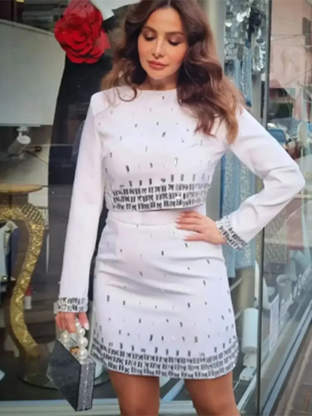 2025 Women's Wear Heavy Industry Beaded Design Mini Skirt Sets Standing Neck Long sleeved Short Top+Short Skirt Two piece Set WHITE