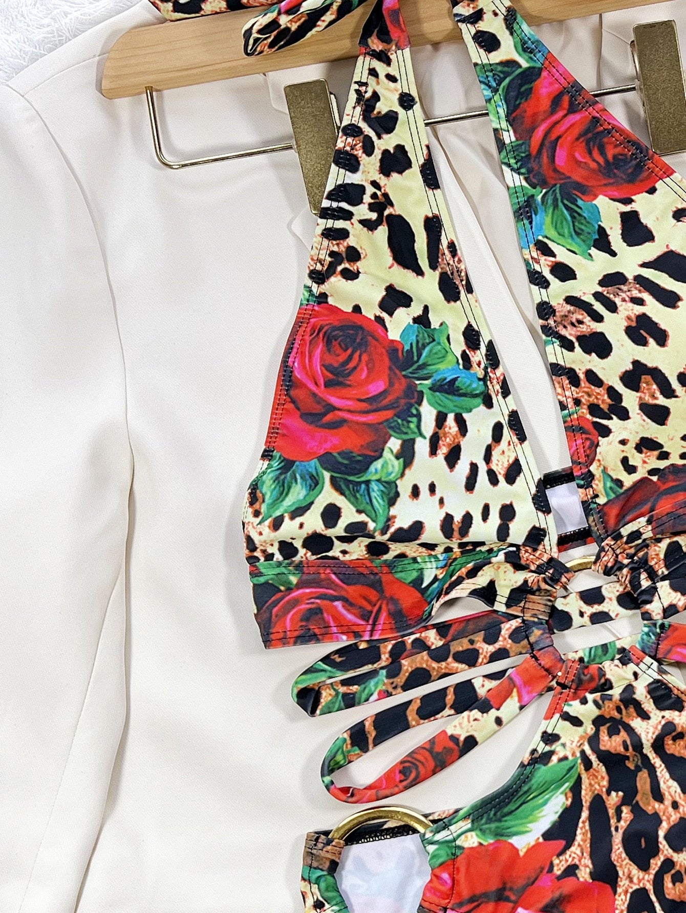 Sexy One Piece Swimsuit Swimwear - Leopard Hollow Deep V-neck Halter Bathing Suit Beachwear Big Metal Ring Bikini