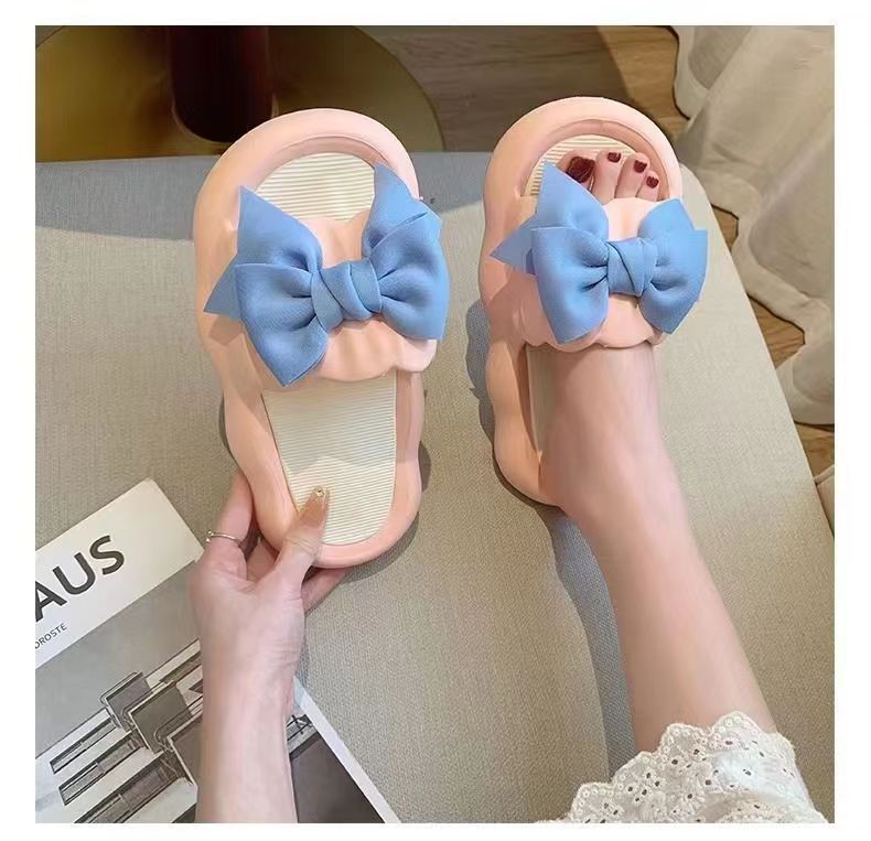 Slipper Women Men Summer Thick Bow Tie Slippers Women Indoor Home Sandals Couples Bathroom Slides Non-slip Soft House Slippers