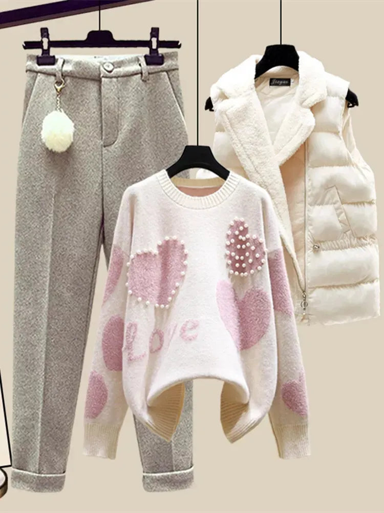 Winter New Warm Sweater 3 piece set Women Korean Fashion Sweet Heart-shaped beaded Sweater +Lamb wool vest +Pants Suits Pink 3 Piece set