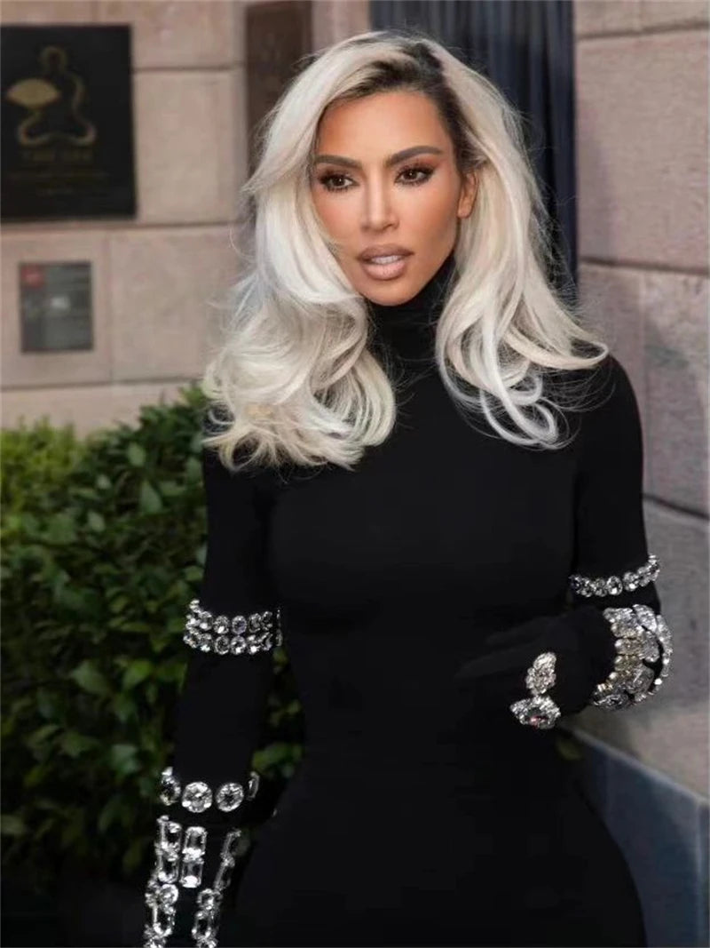 Shining Diamonds Sleeve Black Bodycom Bandage Jumpsuit Fashion Woman Party Outfit Nightclub Performance Costume