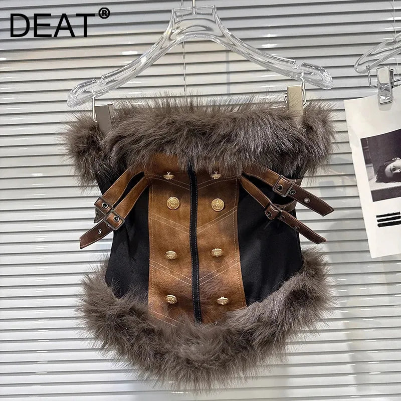 Winter New Fashion Furry Patchwork Suede Outerwear Camisole Vest For Women Backless Outwear Tank Top Female 11A07578