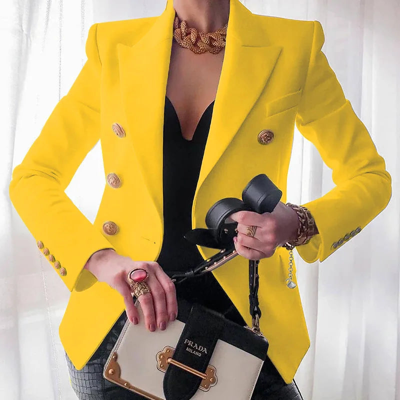 Women Blazer Double Breasted Solid Color Slim Long Sleeve Business Casual Fashion Short Coat Office Ladies Female Suit Jacket Yellow