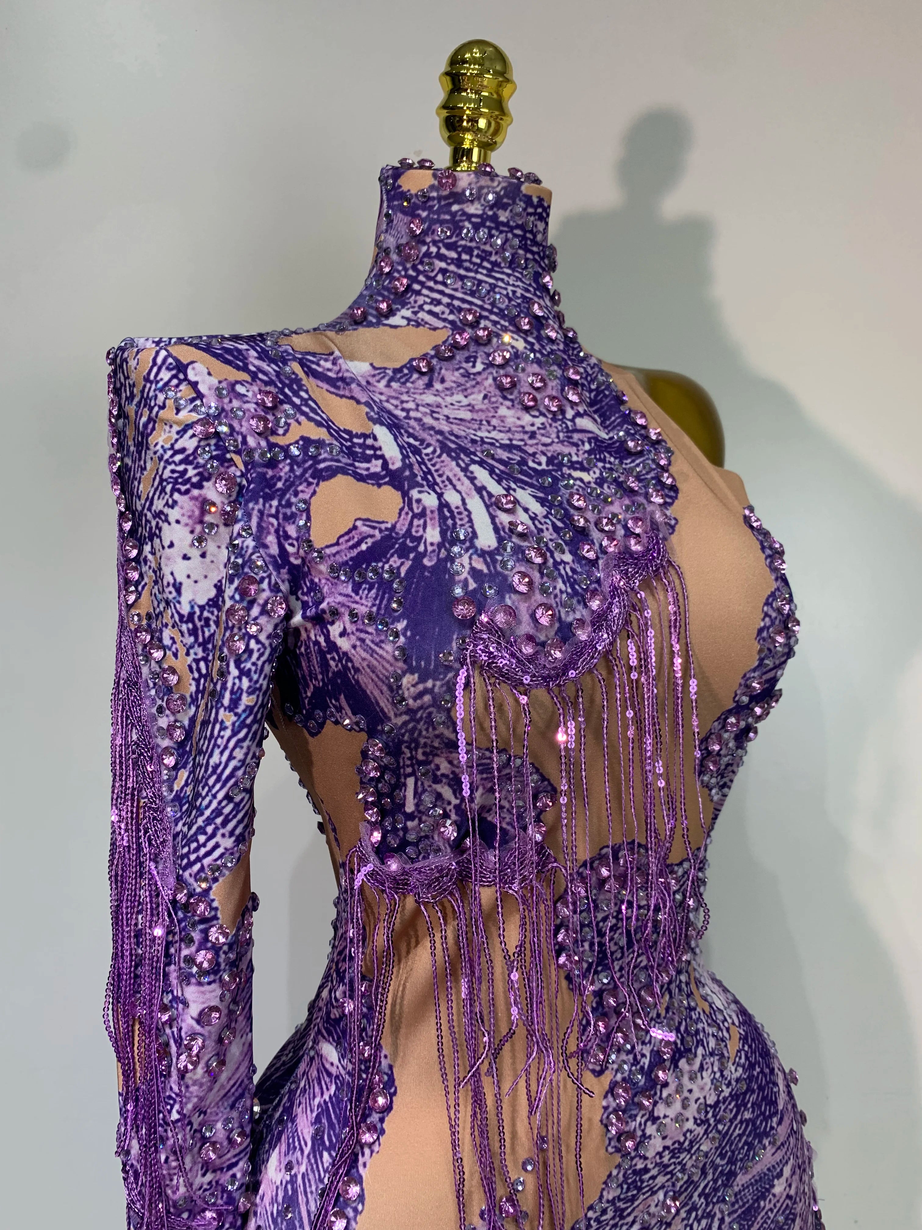 Sexy Sparkly Purple Rhinestones Tassel One Shoulder Sleeve Mini Dress Evening Party Birthday Nightclub Stage Performance Outfit