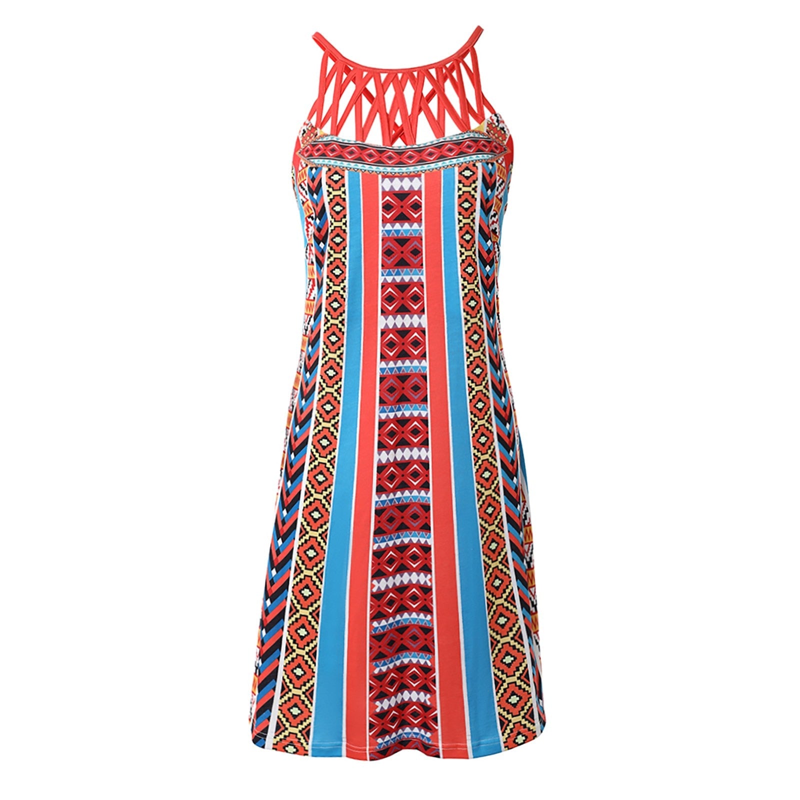 Summer Woman Vintage Tribal Print Off Shoulder V-Neck Design Casual Sleeveless Mini Boho Vacation Dress Vestido