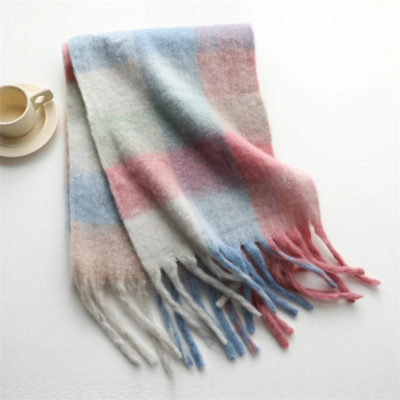 Thick Warm Scarf Women Winter Neck Shawls Tassel Pashmina Scarves Lady Cashmere Bandana Plaid Rainbow Hairy Foulard