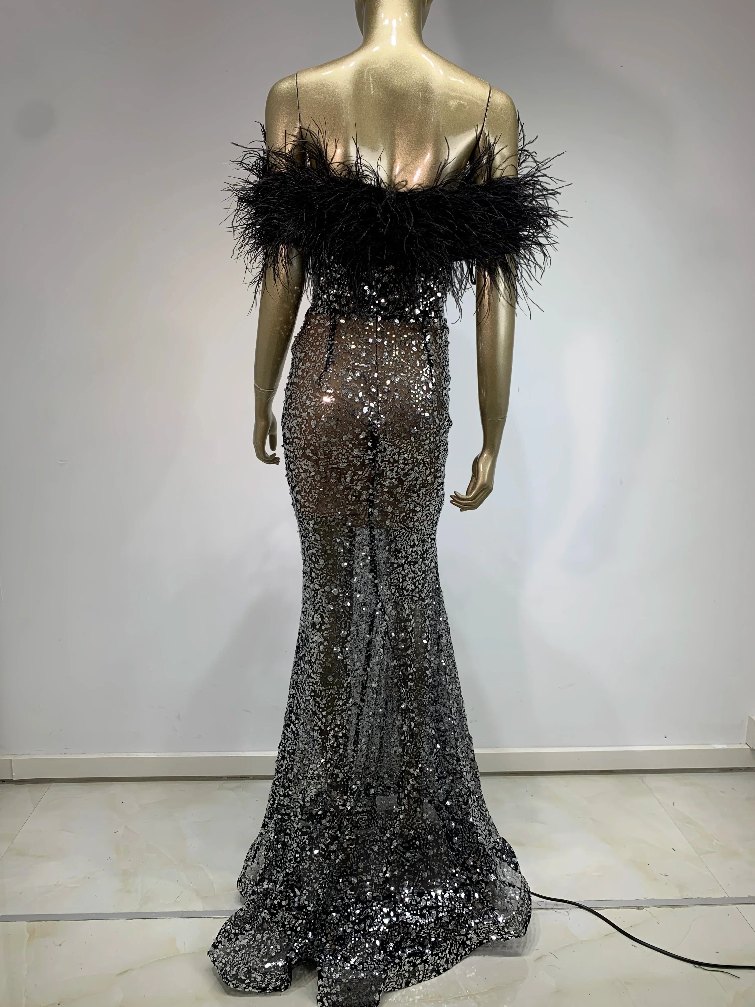 Women Celebrity Sexy Off Shoulder Feather Beading Sequins Maxi Long Gowns Dress Elegant Evening Party Club Dress Vestido