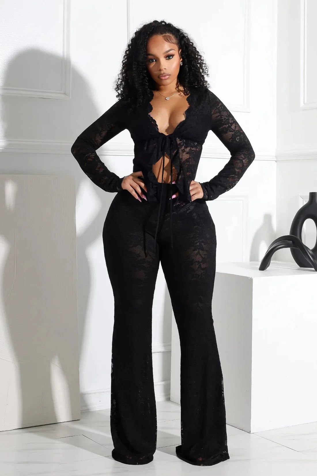 CM.YAYA 2025 Women's Set Long Sleeve Lace See Through Shirt + Long Pants Street Evening Sexy Two 2Piece Sets Outfits Tracksuit