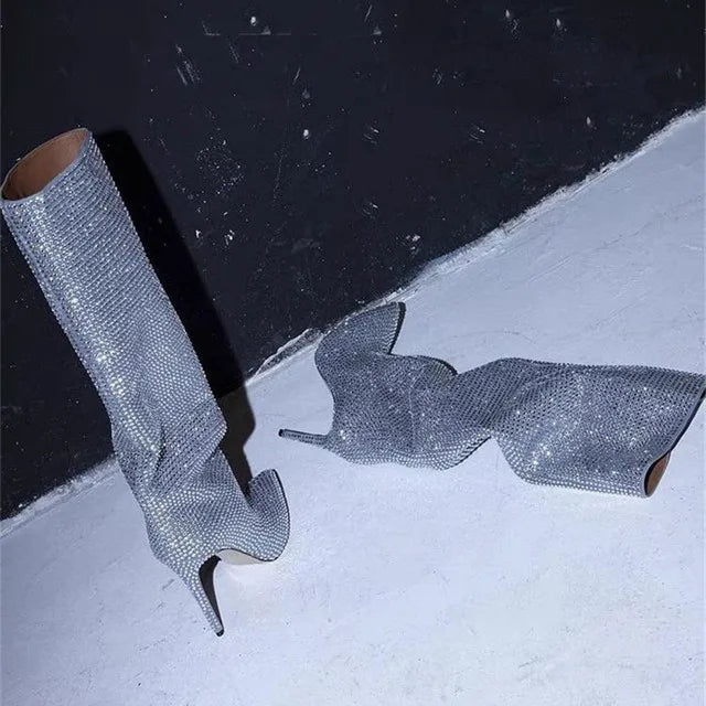 Rhinestone Women's High Boots Pointed Toe Slip-on Long Boots Women Boots High Heels Sexy Stiletto Ladies Party Shoes 2024 New silvery