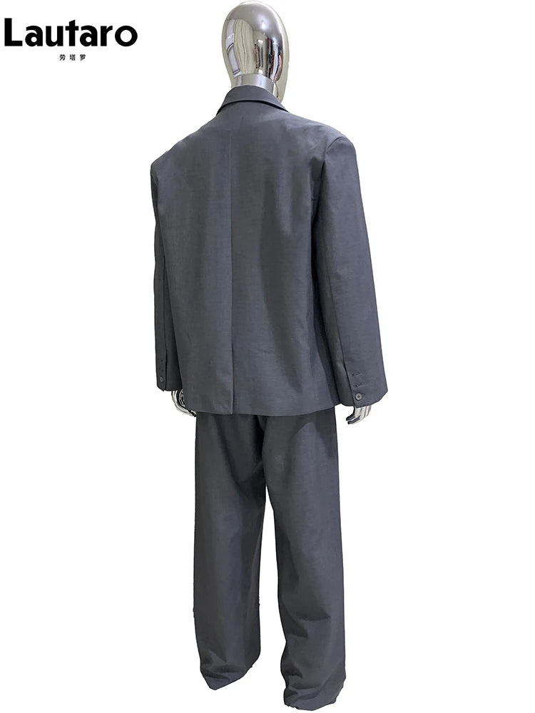 Lautaro Autumn Oversized Gray Blazers for Men Peaked Lapel Shoulder Pads Double Breasted Loose Luxury Designer European Clothes