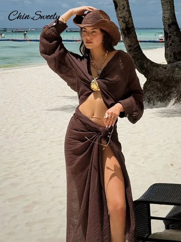Beach Cotton Line Long Skirt Set For Women Brown Lace Up Cardigan High Slit Knot Skirts Summer 2 Pieces Vacation Beach Outfits