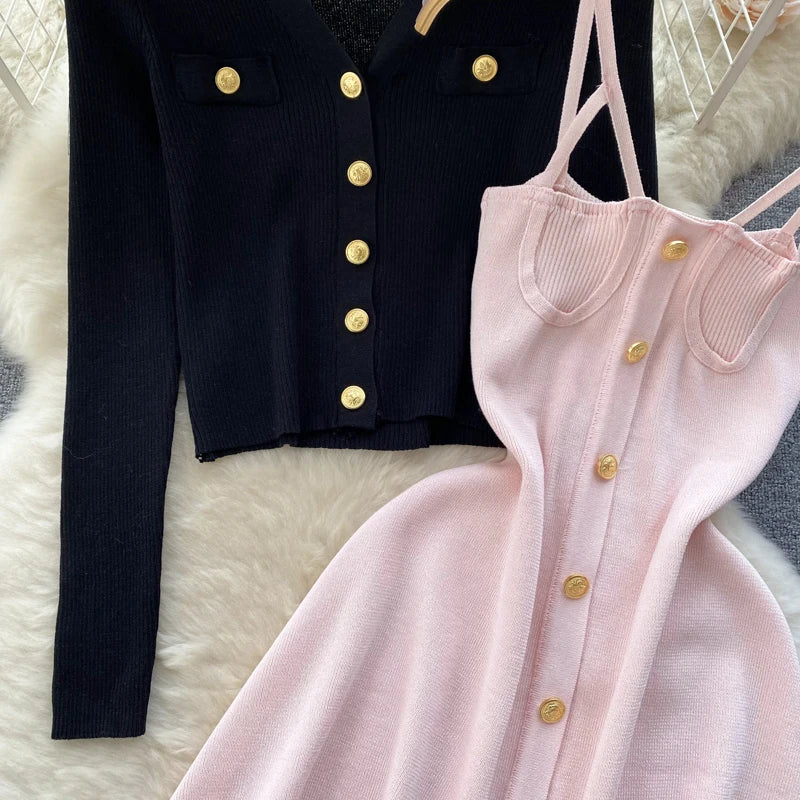 Women Dress Sets Autumn Fashion Spaghetti Straps Mini Dress + Full Sleeve Knitted Coats Lady Y2K Two Piece Suits