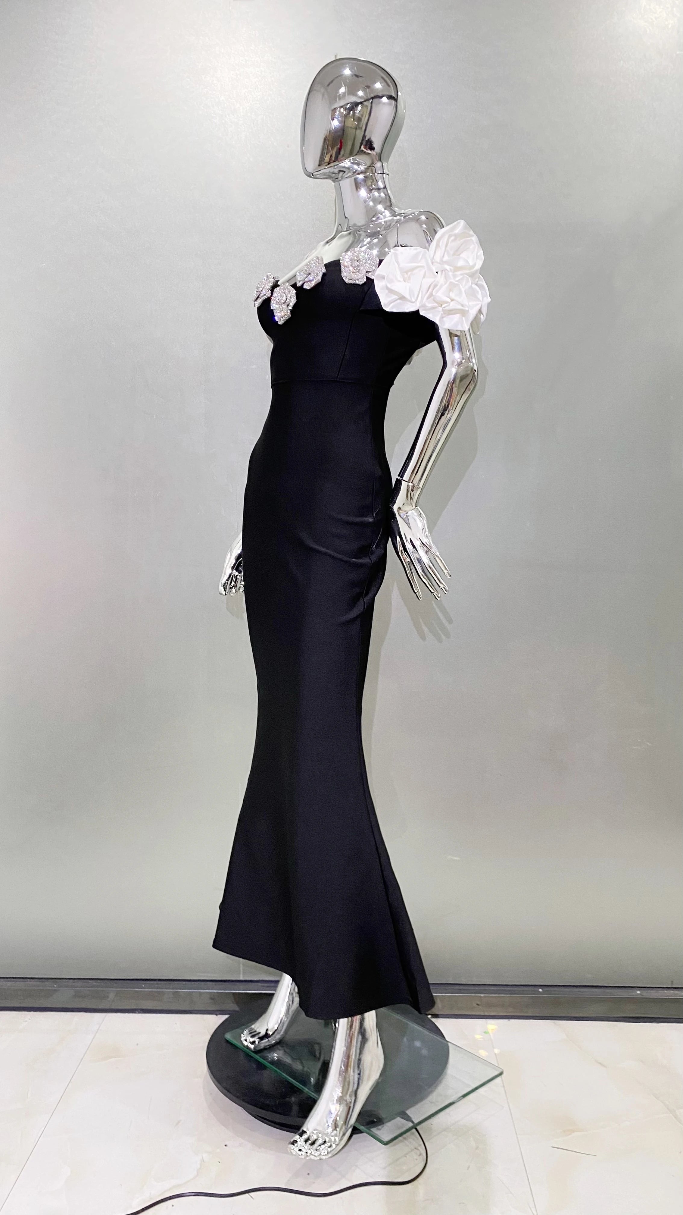 Stereoscopic Diamond Flowers Sexy Off The Shoulder Ankle Lenght Bandage Dress Woman Birthday Party Vestido Wedding Party Outfit