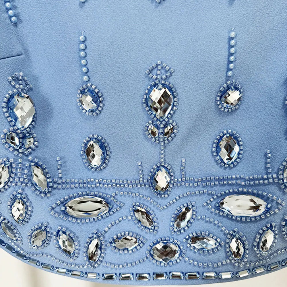 2025 Autumn Elegant Women's Nail Pearl Water Diamond Blue Skirt Sets O-neck Long Sleeve Hoodie Top+Mini Skirt Two Piece Set