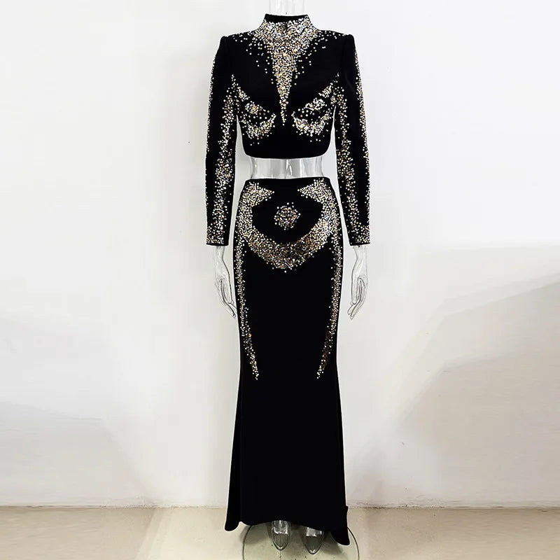 Slimming Spliced Sequins Two Piece Sets for Women Round Neck Long Sleeves Short Top High Waist Skirt Set Female New