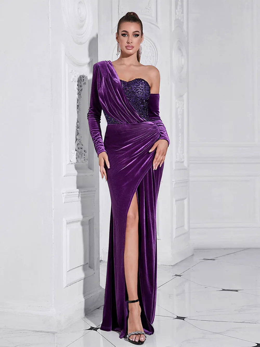 2024 Sexy Women Light Luxury Sparkle Velvet Dress with Diagonal Collar Long Sleeve Draped Bodycon Split Body Long Dress Vestidos PURPLE