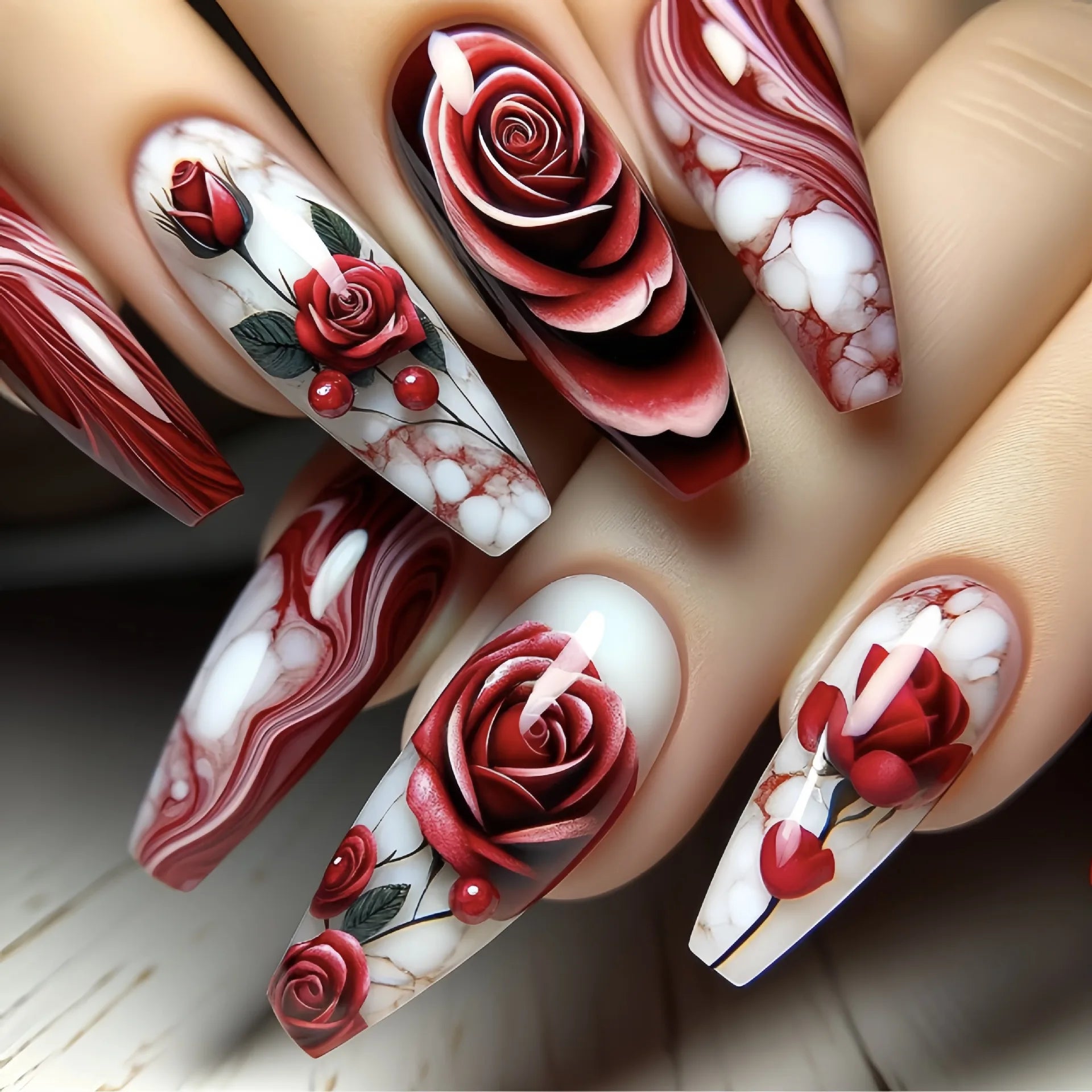 24Pcs Long Ballet False Nails Dark Red Flower Press on Nails Stripe French Coffin Nails Romantic Rose Medium Acrylic Fake Nail 1