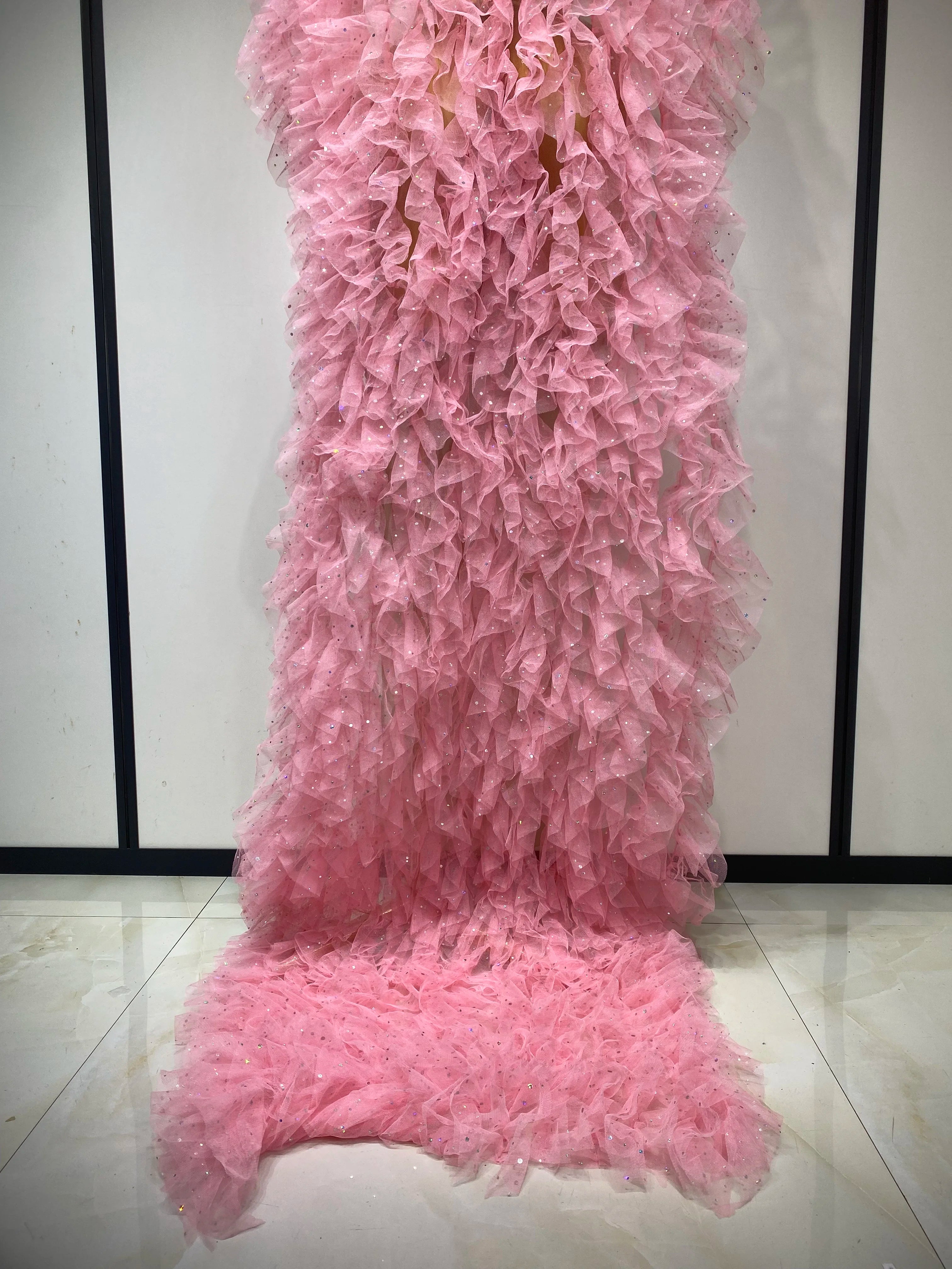 Women Sexy Mesh See Through Sequins Pink Maxi Long Dress Sparkly Sequin Evening Party Costume Stage Performance Birthday Dress