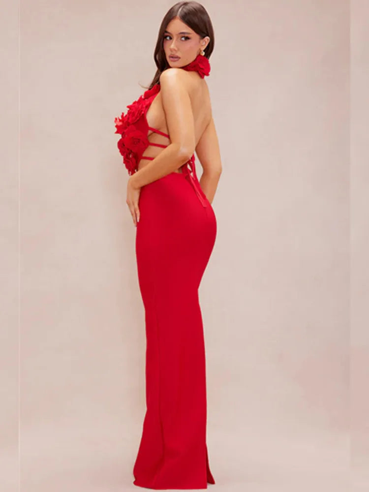 Women Celebrity Sexy Halter Key Hole Backless Red Flower Maxi Long Bandage Bodycon Dress 2025 Elegant Evening Club Party Outfit