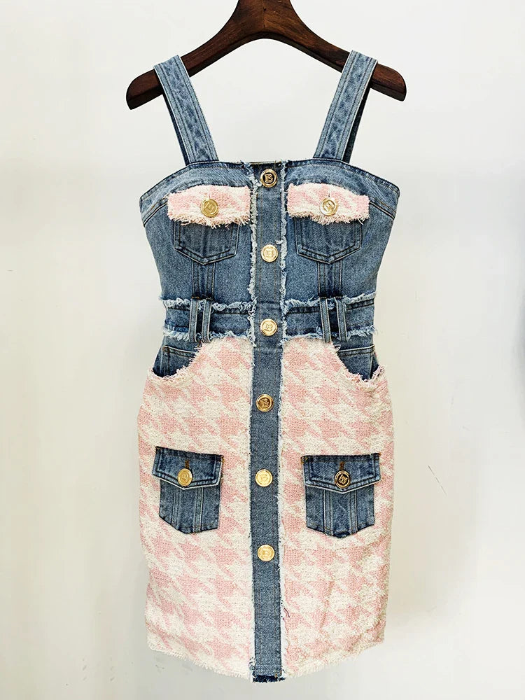 Newest Designer Fashion Women Spaghetti Strap Denim Tweed Houndstooth Pachwork Fringed Dress as pictures