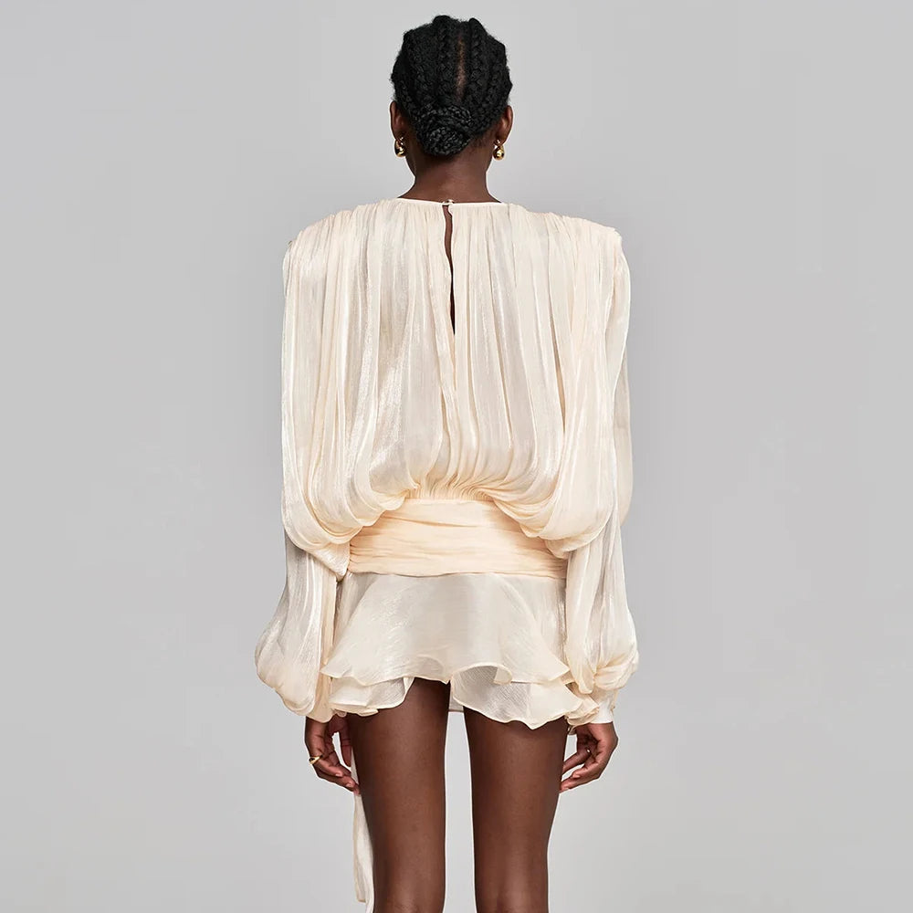 Solid Loose Spliced Lace Up Elegant Dresses for Women Round Neck Long Sleeves Patchwork Folds Dress Female Style