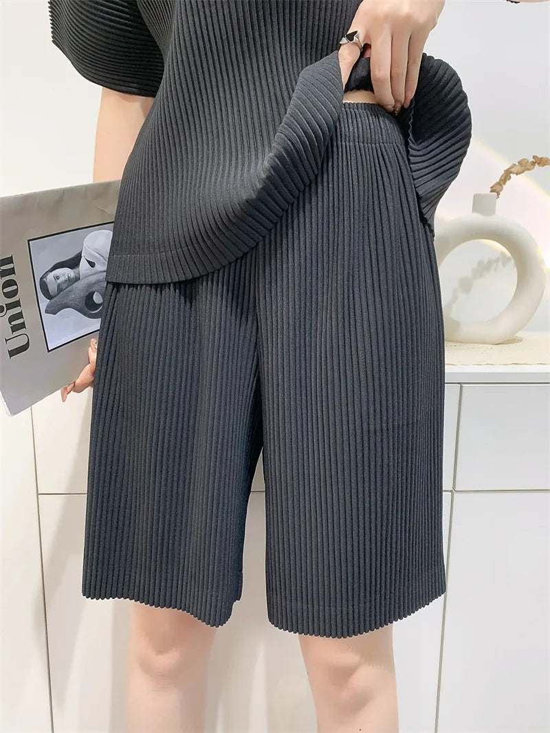 Miyake Pleated Spring Summer Loose Casual Wide-leg Five-quarter Pants High-waisted Versatile Straight Pleated Pants Women