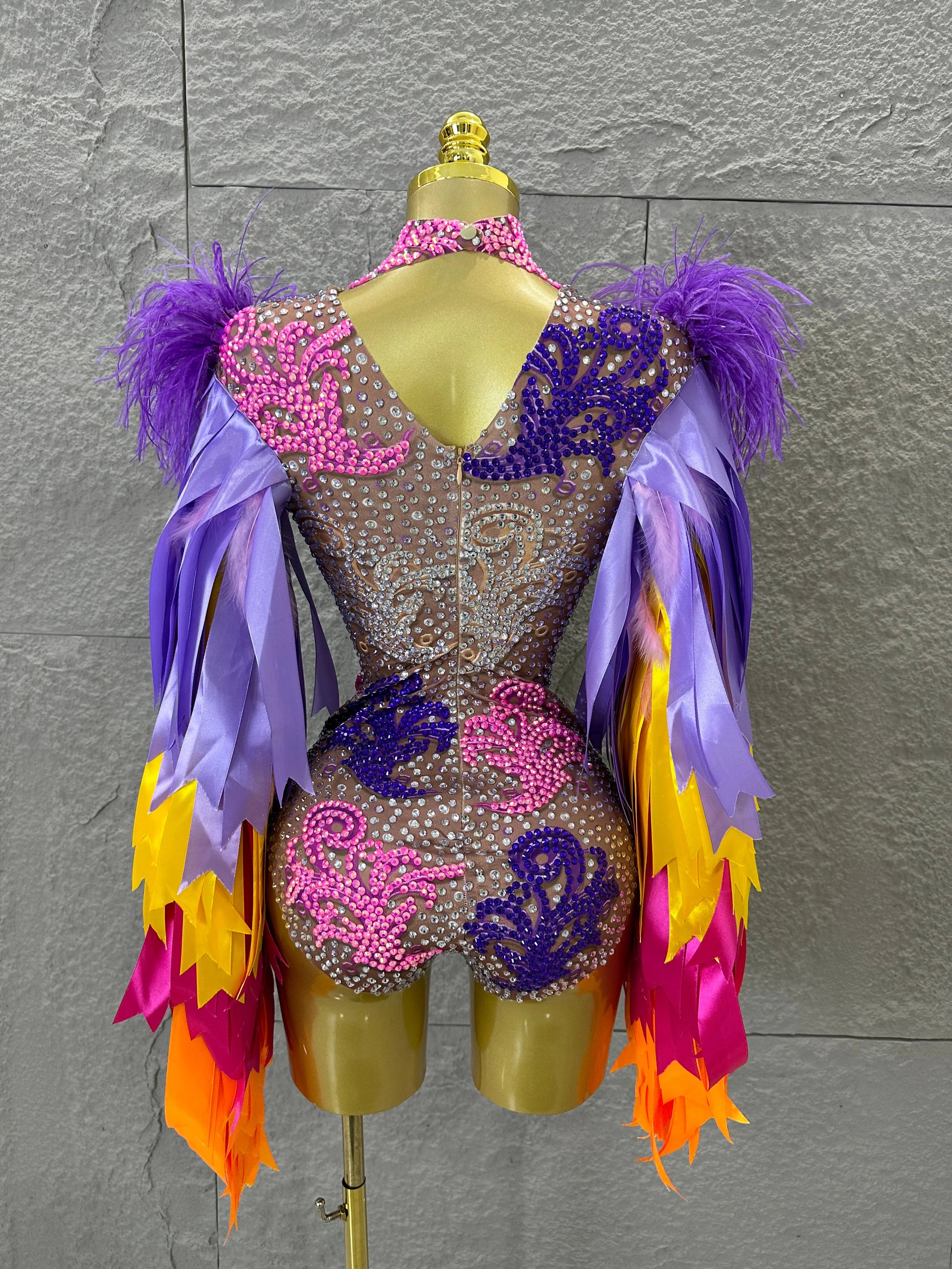 Sexy 2026 High Neck Sheer Mesh Bodysuit Women Purple Pink Crystal Fringe Long Sleeve Outfit Luxury Drag Queen Costume