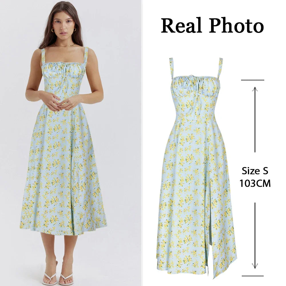 Suninheart Women's Summer Floral Print Dresses Sweet Elegant Midi Holiday Dress Casual Slit Blue Lace Up Dresses 2023 blue yellow print
