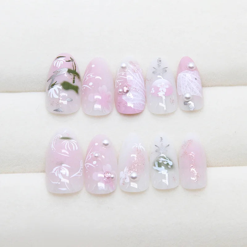 24pcs Sweet Almond Fake Nail Tips Hand-painted Flower Pearl Pattern Blush Pink Press On Nails Gentle Ins Style False Nails