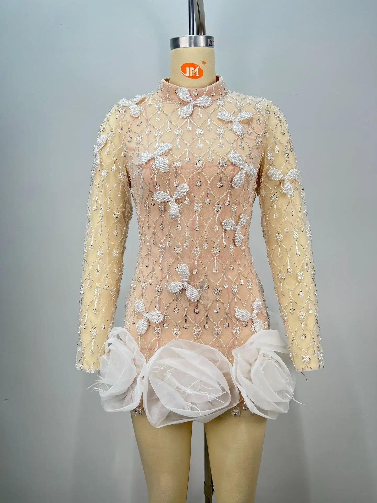 Luxury Exquisite Beading White Flowers Sexy See Through Mini Evening Dress Woman Birthday Party Dress Performances Costume