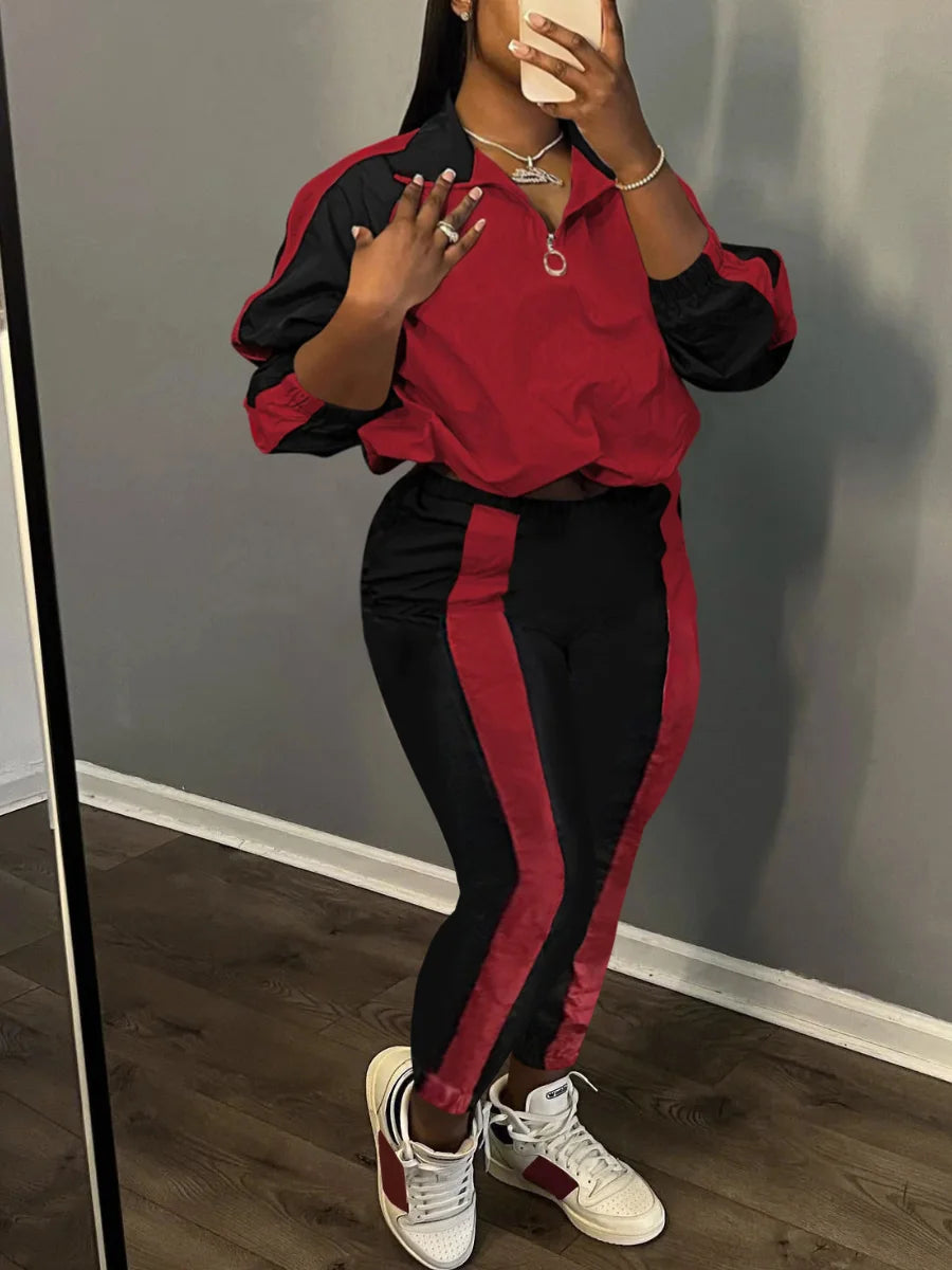 4XL 5XL LW Plus Size Striped Patchwork Zipper Design Pants Set Autumn&Winter Women Mandarin Collar Pocket Tracksuit Set Red