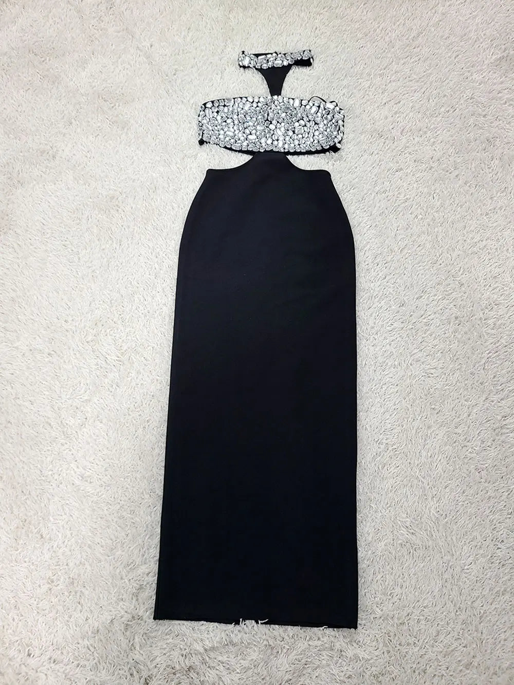 2025 Sexy Women's Light Luxury Nail Bead Design Bandage Dress Hanging Neck Sleeveless Waist Design Bodycon Long Dress Vestitos