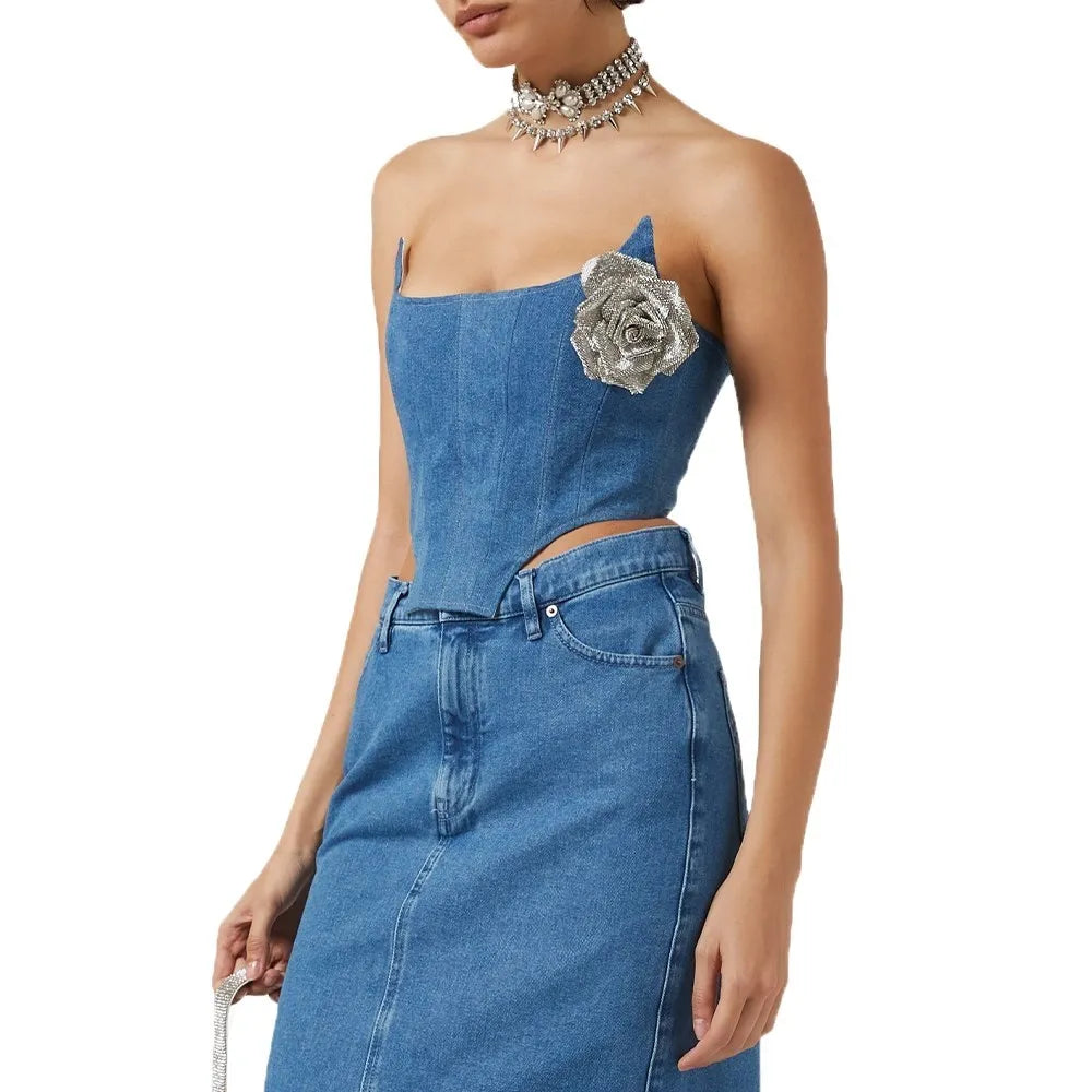 Denim Irregular Vests For Women Slash Neck Sleeveless Patchwork Appliques Slimming Vintage Vest Female Fashion 2023 BLUE