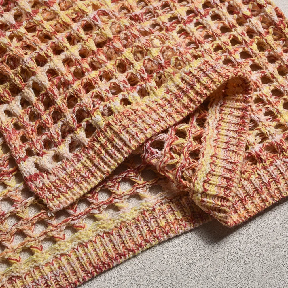 Colorful Crochet Knitted Women Summer Beach Maxi Skirt Hollow Out Side Split Lace Up High Waist Stretch Holiday Bikini Cover Ups