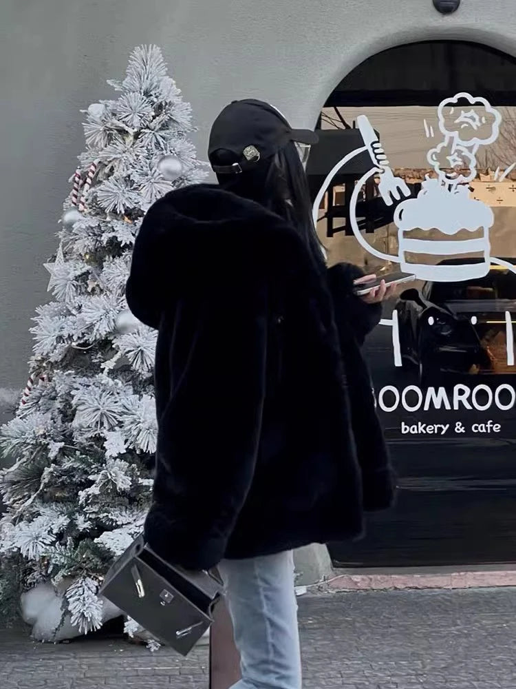 Lautaro Autumn Winter Thickened Warm White Reversible Faux Fur Coat Women with Fake Fur Inside Loose Luxury Cute Fluffy Jacket Black