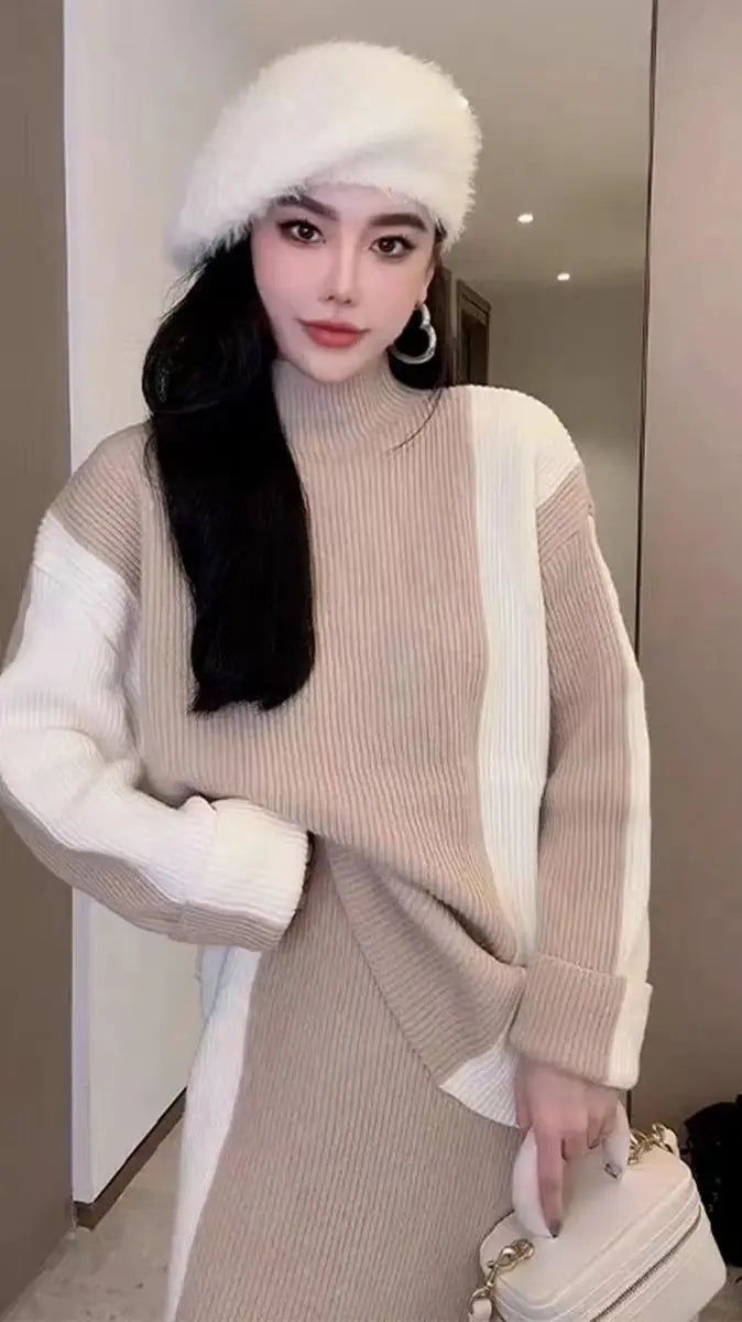 2023 new knitted women thickened turtleneck color-blocked sweater skirt y2k Korean style lazy slim two-piece suit