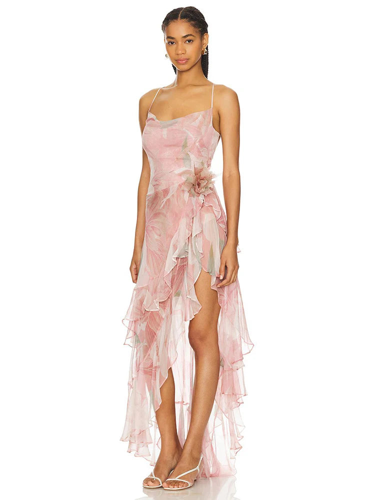 Floral-Print Ruffled Long Dress Pink Color Cowl Neck Spaghetti Straps Pleated Hem Strapless Maxi Cocktail Party Evening Gowns