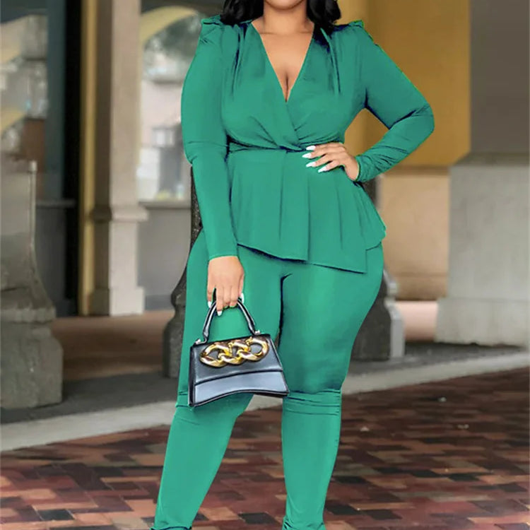 Wmstar Plus Size Two Piece Set Women Clothing Pants Sets Top Leggings Matching Office Lady Fall Clothes Wholesale Dropshipping green