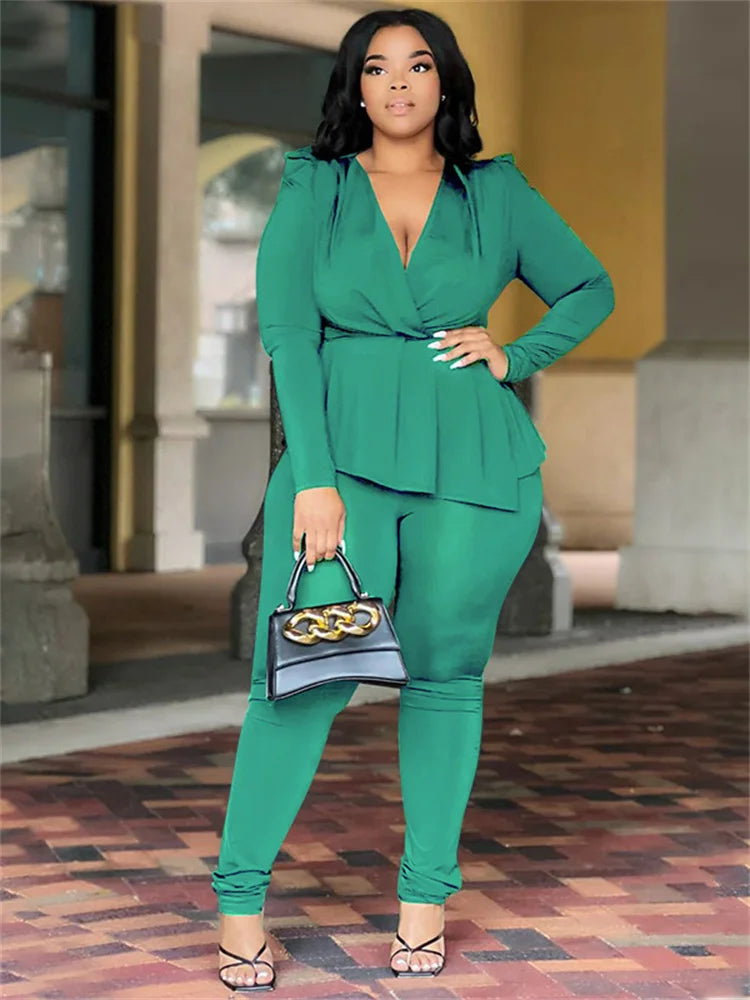 Wmstar Plus Size Two Piece Set Women Clothing Pants Sets Top Leggings Matching Office Lady Fall Clothes Wholesale Dropshipping green