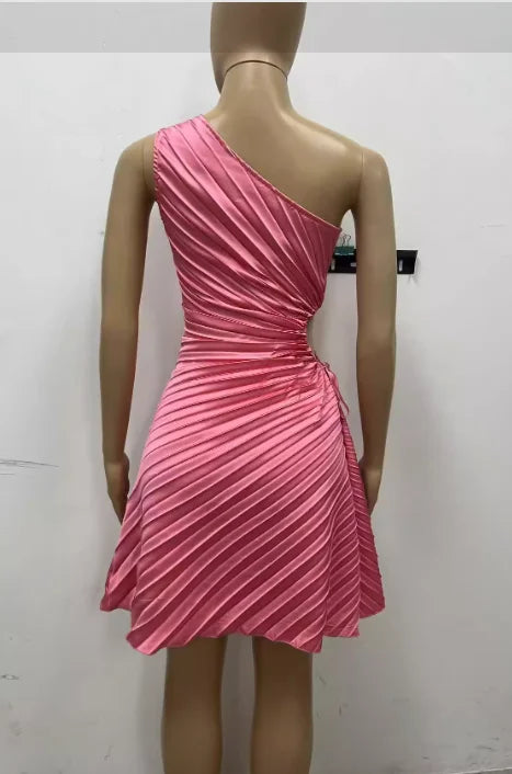 Women Pleated One Shouloder Sleeveless Cutout Waist Dress 2025 Evening Sexy Club Party Evening High Street Dresses