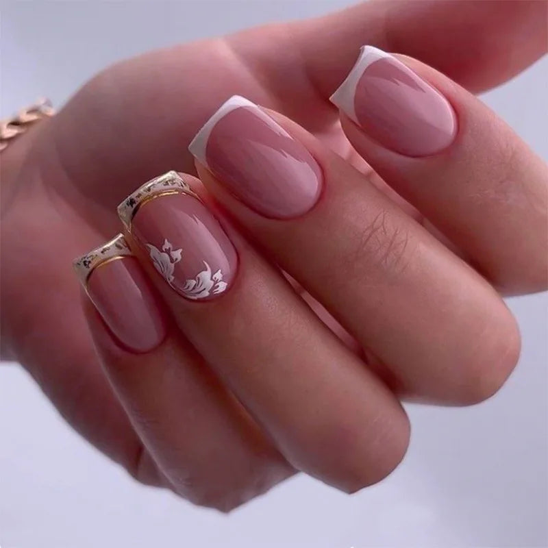 24Pcs Gradient White Fake Nail with Flowers Pattern Design Simple French False Nails Tips Short Suqare Head Press on Nails 3833