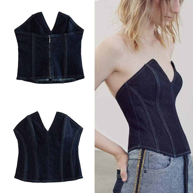 Traf Women's Corset Crop Top Y2k Streetwear Summer Women's Clothing - Vitage Denim Croo Top Women Vest 2023