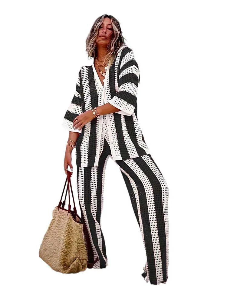Summer Outfits for Women Vacation Hollow Out Sweater Shirt and Trouser Lady Casual Sexy Plus Size Sets 2 Piece Pants Sets Wide black