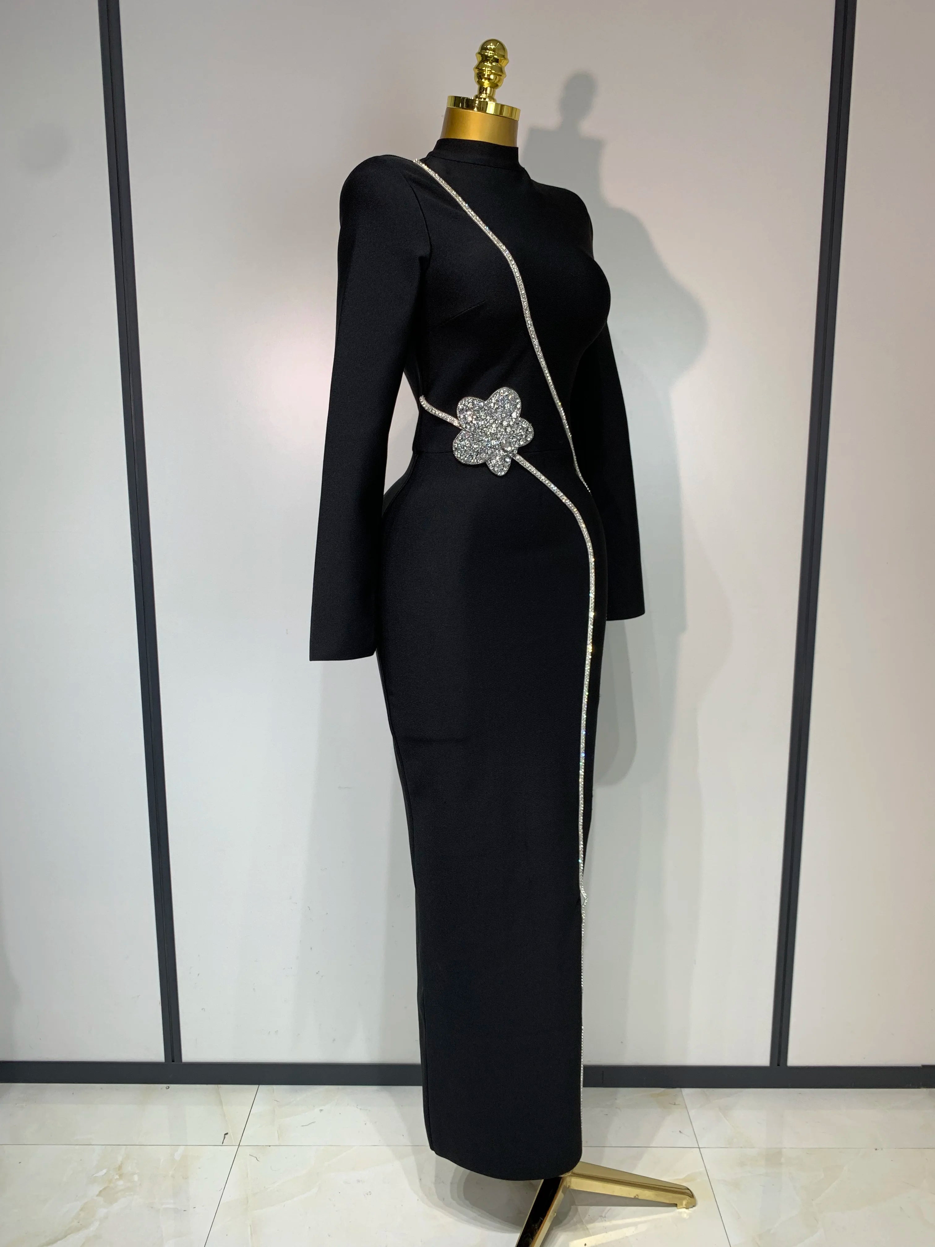 2025 Newest Fashion Designer Party Dress Women's Formal Long Sleeve Diamonds Bodycon Bandage Dress Elegant Luxury Birthday Gown